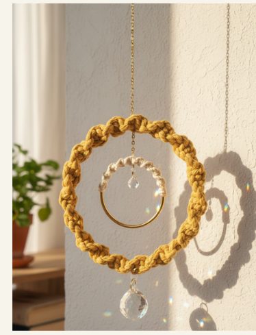 Suspension lumineuse en macramé doré avec cristal